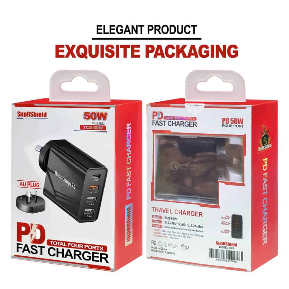 SupRShield 50W SAA Certified PD Fast Charging Charger Multi 4 Ports USB-C QC3.0 Power Wall Plug Travel Adapter SupRShield 50W SAA Certified PD Fast Charging Charger Multi 4 Ports USB-C QC3.0 Power Wall Plug Travel Adapter